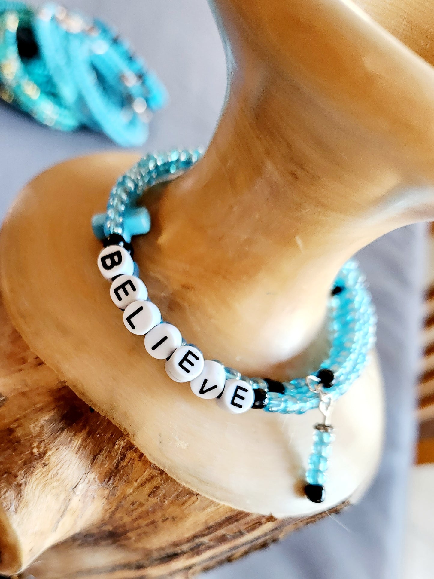 Bangle bracelet. Memory wire, beaded. Add-on charms available.