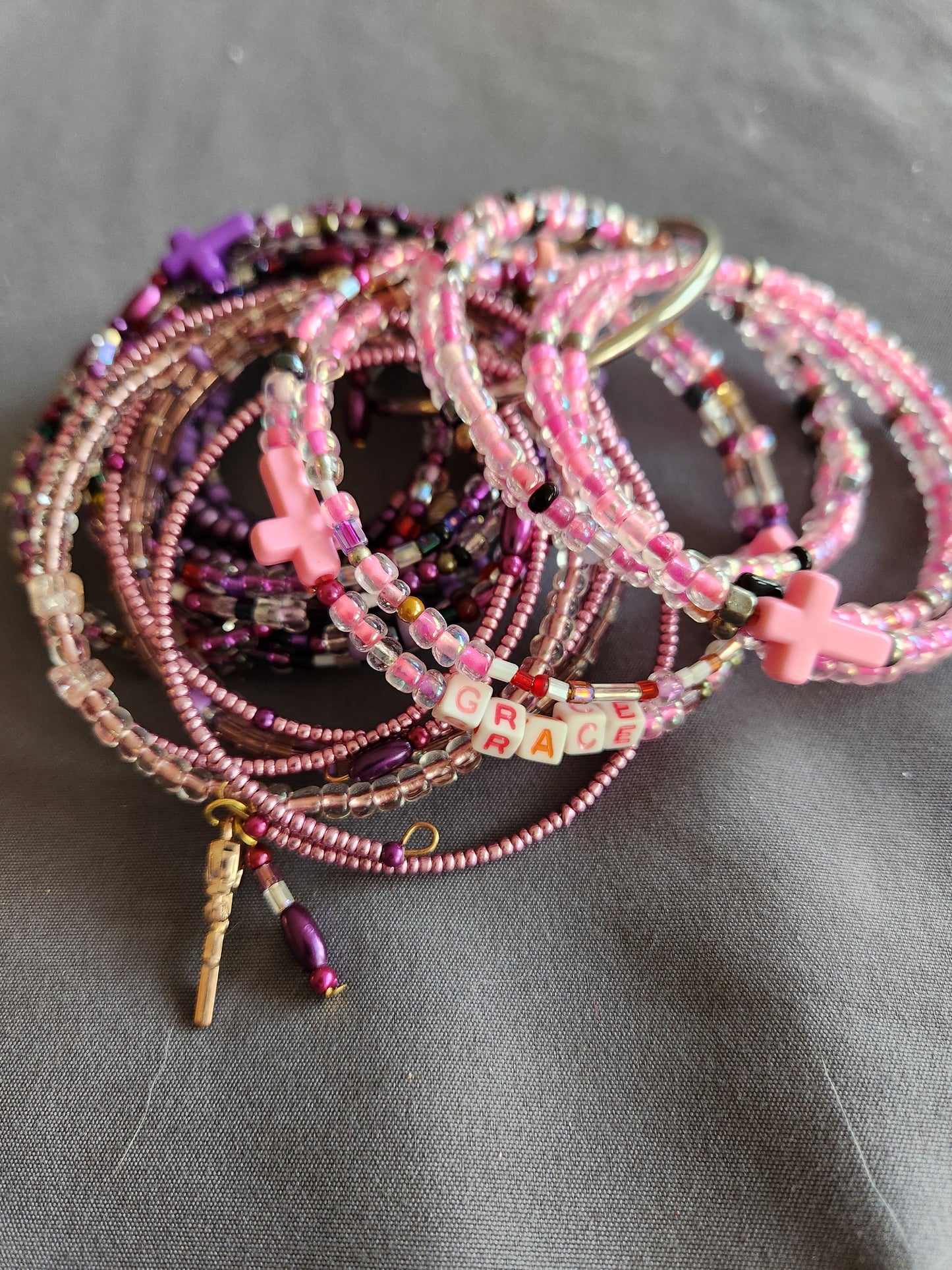Bangle bracelet. Memory wire, beaded. Add-on charms available.